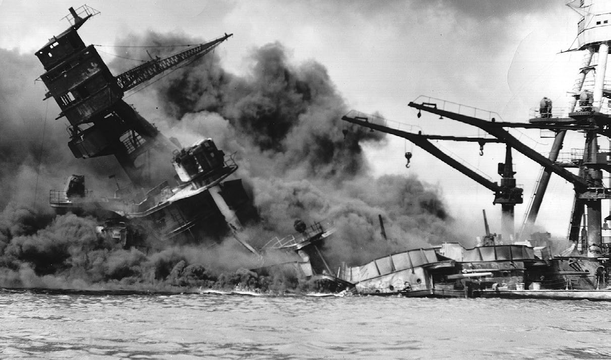 The USS Arizona (BB-39) burning after the Japanese attack on Pearl Harbor, December 7, 1941. (National Archives)